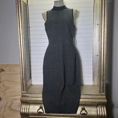 New Express Women’s Black Herringbone Knit Midi Dress L Mock Neck Sleeveless Y2K - Image 1 of 4