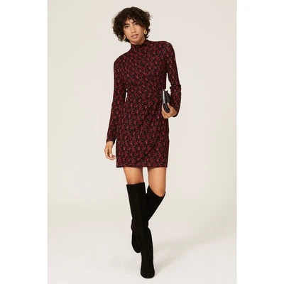 RTR Black Halo Sz 2 Red Black Rose Floral Briar Long Sleeve Mock Neck Mini Dress - Image 1 of 4