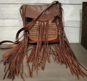 MCFADIN BROWN LEATHER FRINGE HOBO HIPPIE DRAWSTRING SHOULDER BAG STUDDED RARE  - Picture 1 of 11