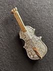 Vintage Violin Fiddle Mandolin Rhinestone Silver Tone Pin Brooch Signed Roman