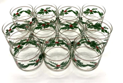Juego 11 vasos de jugo de bola baja vintage de 3,5" para vacaciones de Navidad de acebo y arcos Foto 1 de 4