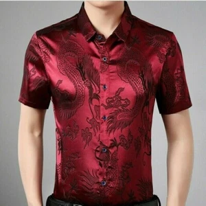 Hombres Imitación Seda Blusa Satén Camisa Dragón Negocios Formal Manga Corta Prendas para el torso Informal - Imagen 1 de 16