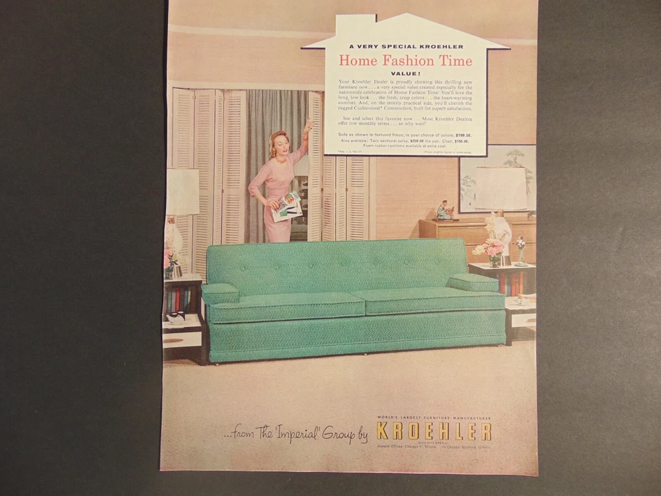 1950's KROEHLER GREEN COUCH SOFA vintage art print ad - Image 1 of 1