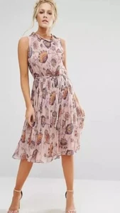 OASIS Goddess Light Dusky Pink Floral Floaty Pleated Dress Tie Neck 12 was £70 - Picture 1 of 12