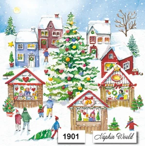 (1901) TWO Individual Paper LUNCHEON Decoupage Napkins - CHRISTMAS TOWN MARKET - Picture 1 of 3