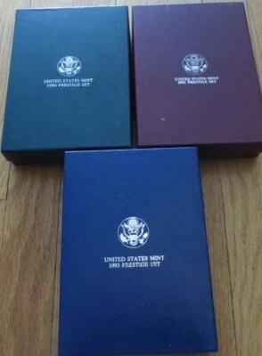 Prestige Proof Set 1990 1992 1993 3 Sets Silver Dollar U.S. Mint COA and Box - Image 1 of 4