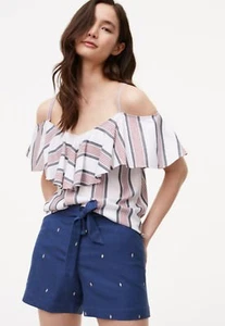 LOFT Gold Embroidered Dot Tie Waist Shorts with 4" Inseam Size 6, 8, 10 - Picture 1 of 3