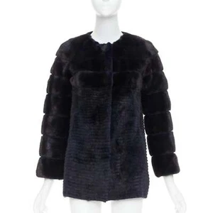 YVES SALOMON KIDS black navy horizontal mink fur work collarless coat Y12 - Picture 1 of 10