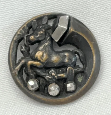 Rare HORSE JUMPING A FENCE Pierced Stamped Brass Button w/Cut Steels (U2) Cover