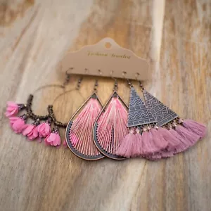 3 Pairs/Set Bohemian Boho Pink Earrings Hook Drop Dangle - Tassle, Loop, Trendy - Picture 1 of 12