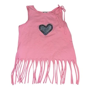 Hope Jeans Girls Denim Heart Patch Fringe Tank Top With Rhinestones Size 10 - Picture 1 of 3