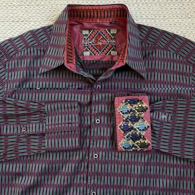 Robert Graham Mens Shirt Size Large Flip Cuff Embroidered Striped Purple Green - Image 1 of 4