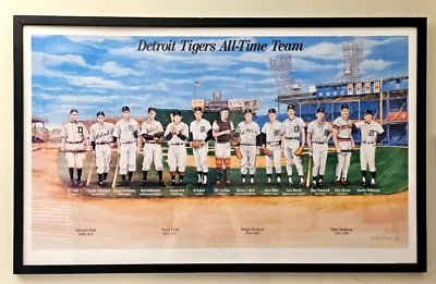 Litografía autografiada del equipo de todos los tiempos de los Tigres de Detroit firmada enmarcada limitada/1999 Foto 1 de 4