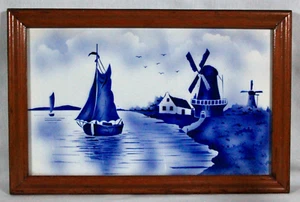 RARE! ANTIQUE DUTCH BLUE & WHITE WINDMILL & SAILBOAT SCENE 15" x 9" TILE FRAMED - Picture 1 of 6