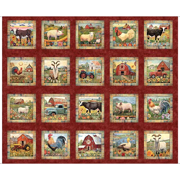 Farm Rooster Barn Fabric 36" X44" Panel Heartland Farm Rustic Red Cotton by QT