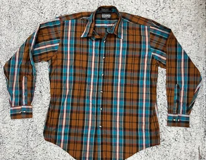 Members Only Men’s Size Medium Button Down Long Sleeve Plaid Orange Blue Fall - Picture 1 of 6