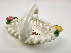 VINTAGE Italian Hand Painted Roses/Floral Porcelain Lattice Basket with Handle - Picture 1 of 18
