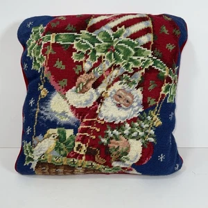 Almohada de Navidad vintage de lana punta de aguja terciopelo espalda Santa en globo aerostático - Imagen 1 de 8