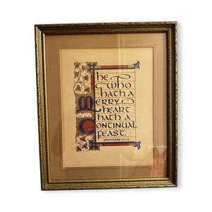 Jonathan Blocher Signed Proverbs 15:15 Print 164/500 1970s Framed Manuscript Art - Picture 1 of 12