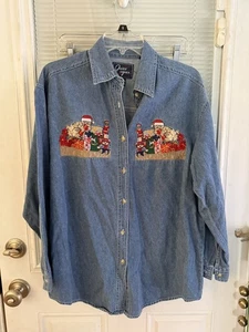 Vintage Quizz Again Denim Shirt Embroidered Christmas Cat Cottage Grandma Sz M - Picture 1 of 6