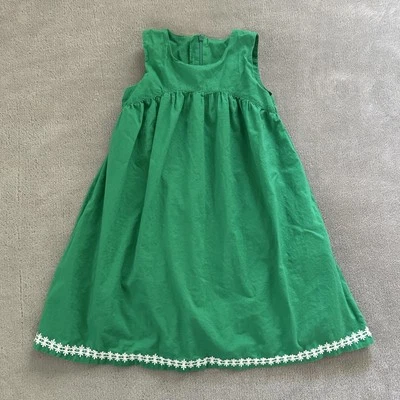 Primary Girls Green Sleeveless Pocket Dress White Cotton Lace Trim Size 6-7 - Image 1 of 4