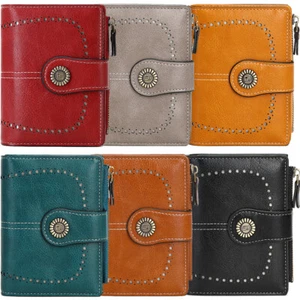 Ladies Vintage Genuine Leather Trifold Wallet RFID Blocking Purse Womens Handbag - Picture 1 of 35