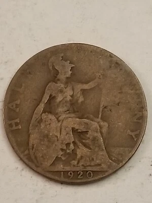 ANTIQUE 1920 Great Britain Half Penny Bronze Coin King George V *AB05* - Image 1 of 2