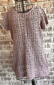Vintage Newport News Crochet Dress Girls Sz L Tunic Taupe Short Sleeves Scallop - Picture 1 of 12