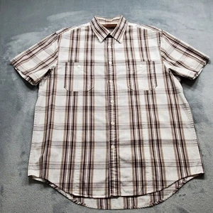 Perry Ellis Button Up Short Sleeve Plaid Shirt 1 Pocket Tan White Brown Men Sz L - Picture 1 of 9