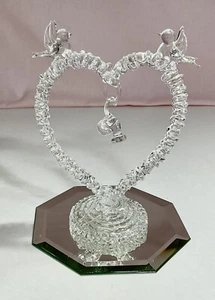 Delicate Hand Blown Heart With Two Love Birds And Two Bells - Picture 1 of 4