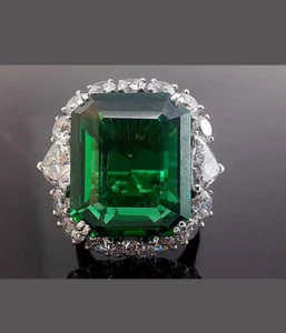 2Ct Emerald Cut Simulated Green Emerald Women's Halo Ring 14K White Gold Plated - Picture 1 of 8