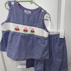 Silly Goose Top Short Girl 6 Blue Gingham Hand Smocked Watermelon Picnic Cotton - Picture 1 of 24