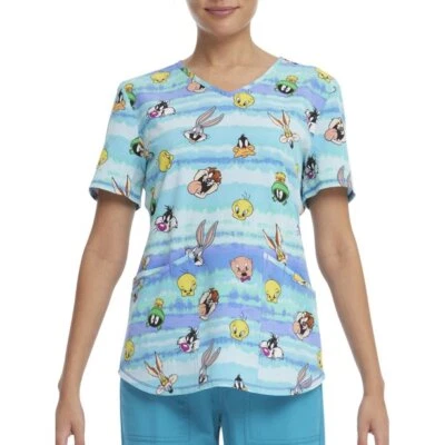 ScrubStar Looney Tunes Tie Dye Blues Toons Nurse Uniform Scrub Top - Choose Size - Image 1 of 3