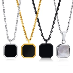 White Shell Black Enamel Square Pendant Necklace Stainless Steel with 60cm Chain - Picture 1 of 15