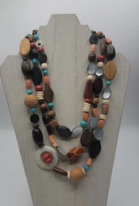 Chicos Multi Strand Beaded Necklace Chunky Wood Mother Of Pearl New - Picture 1 of 3
