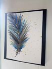 Blue black gold feather 9x12 original watercolor painting home office wall art