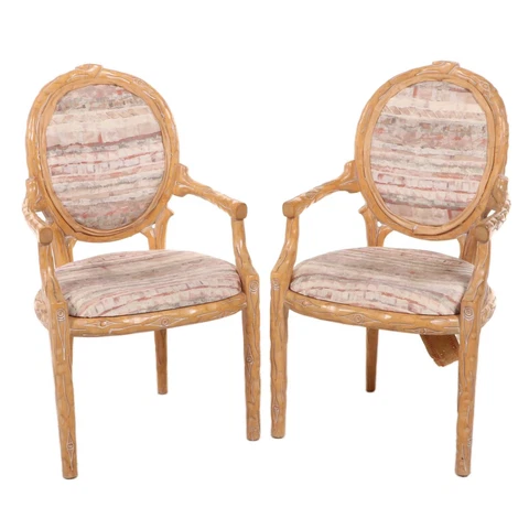 Louis XVI Pair of Carved "Faux Bois" Armchairs Style of McGuire Late 20th C 2 Cover