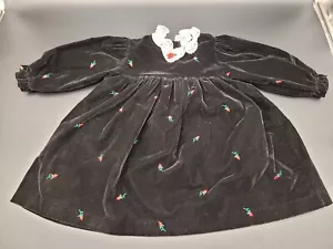 Vintage schwarzes Samtkleid rote Rosenknospen Häkelkragen 12-18 Monate Mädchen Baby Kleinkind - Bild 1 von 8