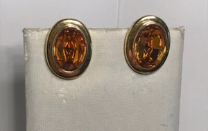 Gold Tone Earrings with Yellow Topaz Rhinestone, 1 X 3/4" Very Good Condition - Picture 1 of 3