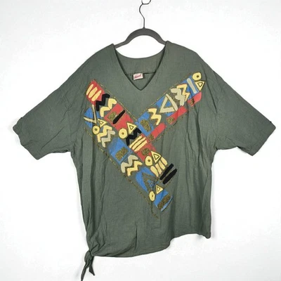 Haband vintage! Top Mujer Verde Corbata Parte Inferior Abstracta Alto Lo Cuello en V Manga Corta Foto 1 de 4