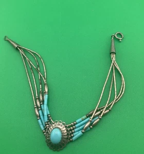 Navajo 5-Strang Flüssigsilber Armband Oval Türkis 7 1/2" Signiert - Bild 1 von 7