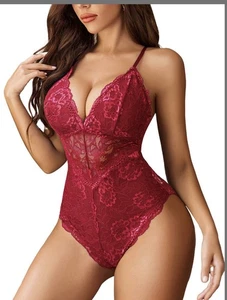 Mujeres Entrepierna a Presión Lencería Sexy Encaje Body Grande Borgoña Navidad San Valentín - Imagen 1 de 9
