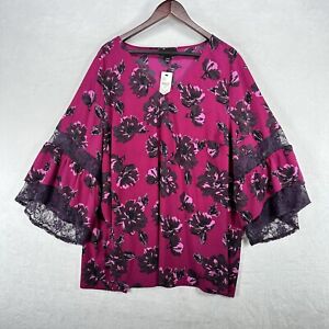 Lane Bryant Blouse Women 26 Pink Floral Tunic Oversized Bell Sleeves Boho Lace