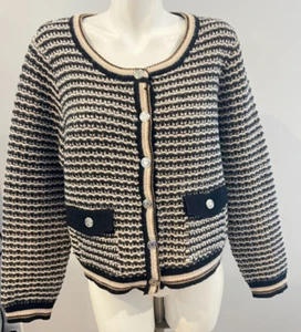 Nanette Women Large Sweater Knitted Cardigan Black Beige Button Pockets New NWT - Picture 1 of 9