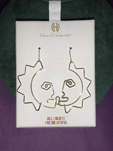 Pendientes de gancho colgantes House of Harlow 1960 modernistas tono dorado alambre cara de sol 2"" - Imagen 1 de 10