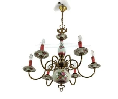 Красивая итальянская люстра латуни с фарфора розовый цветы узор 6 огней vin - Изображение 1 из 4