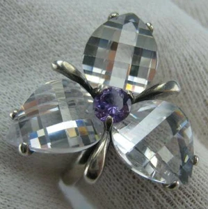 925 Sterling Silber Ring US Größe 8,75 Blumen Steine weiß lila Blütenblätter groß - Bild 1 von 12
