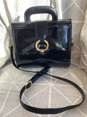 Vtg BAGS BY MARLO Hand Bag Satchel Black Shiny Faux Patent Hard Shell W/ Strap - Image 1 of 4