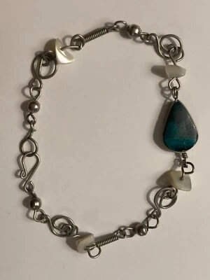 vtg turquoise stone white shell delicate silver bracelet handmade California - Image 1 of 4