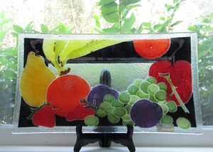 Peggy Karr Assorted Fruit Fused Glass 13” Long Rectangular Tray - Picture 1 of 10